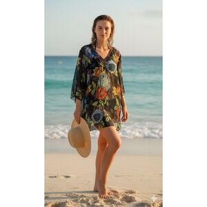Indian Tropical Fashion black floral boho beach tunic women S/M